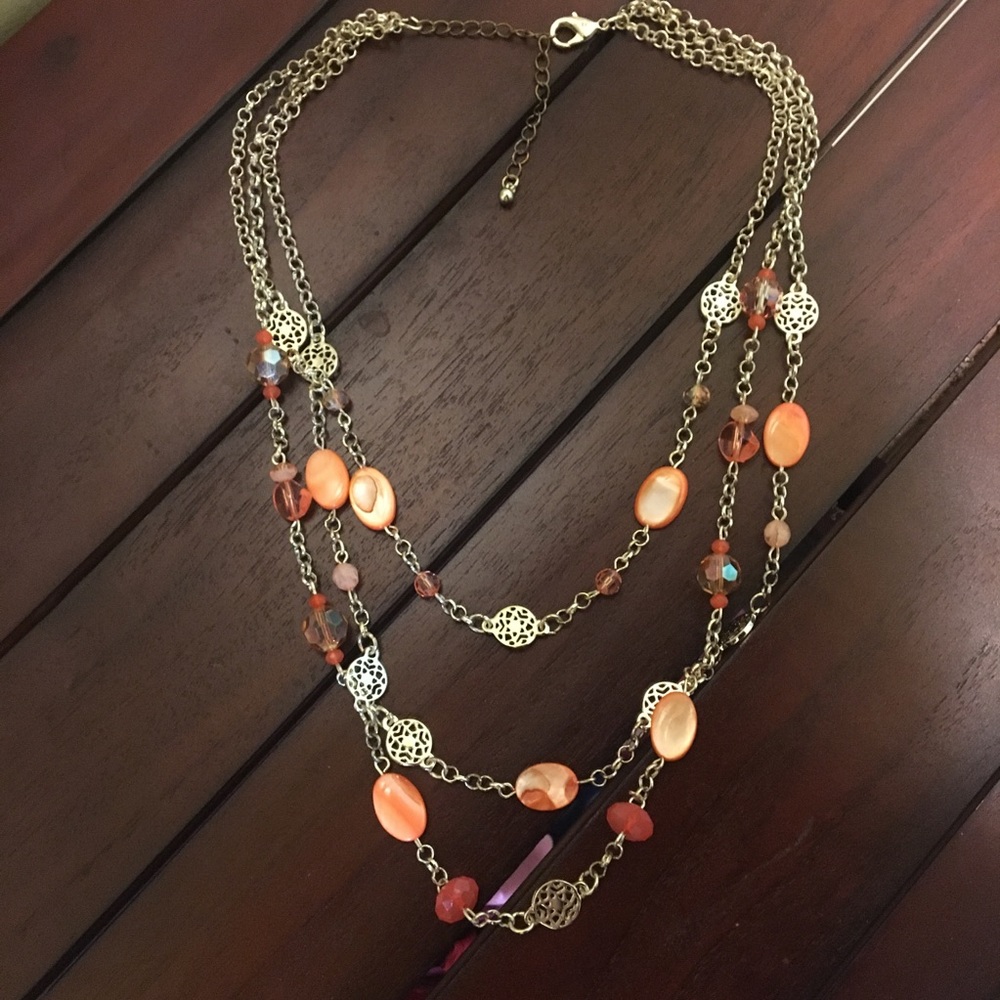 Gold tone and orange beaded layer necklace